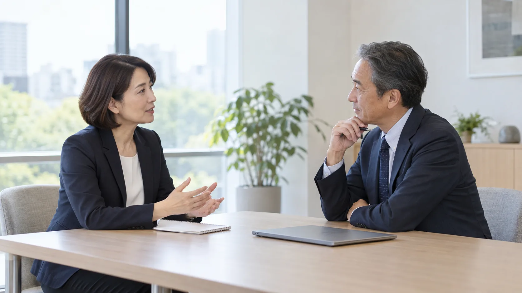 人事担当者が研修アドバイザーに課題や希望を伝える初回相談のイメージ