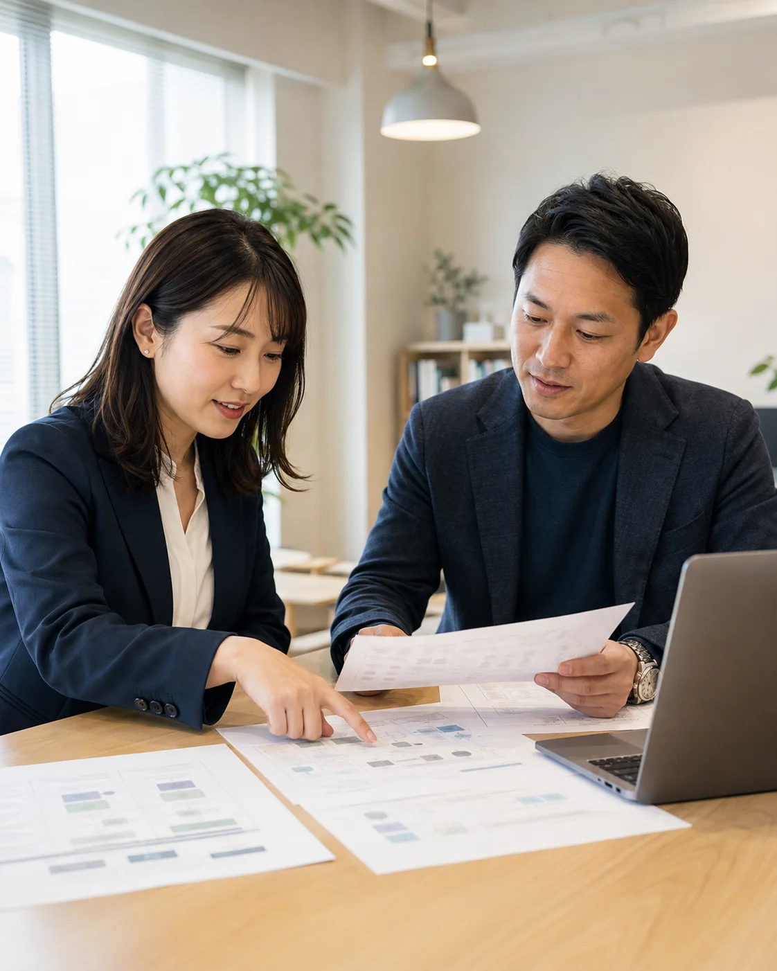 研修担当者と講師が資料を確認しながらカリキュラムを設計するイメージ
