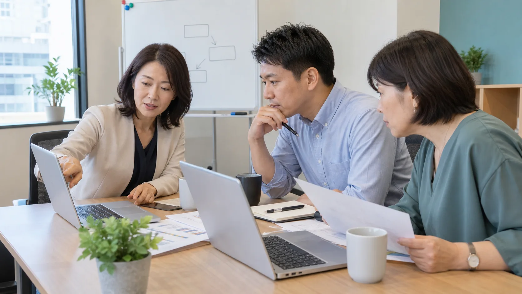 企業の担当業務に合わせた演習に講師と社員が取り組むオーダーメイド研修のイメージ